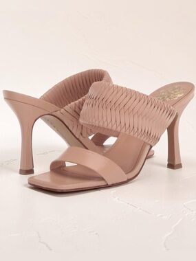 Vince Camuto Women Beige Leather Heels Woven Strap Elegant Summer Size 8M